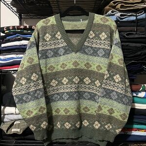 Men's V-Neck Sweater with Green and Brown Pattern